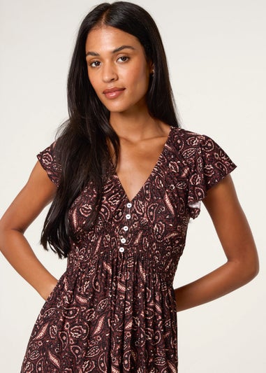 Blue Vanilla Brown V Neck Midi Dress With Button Front