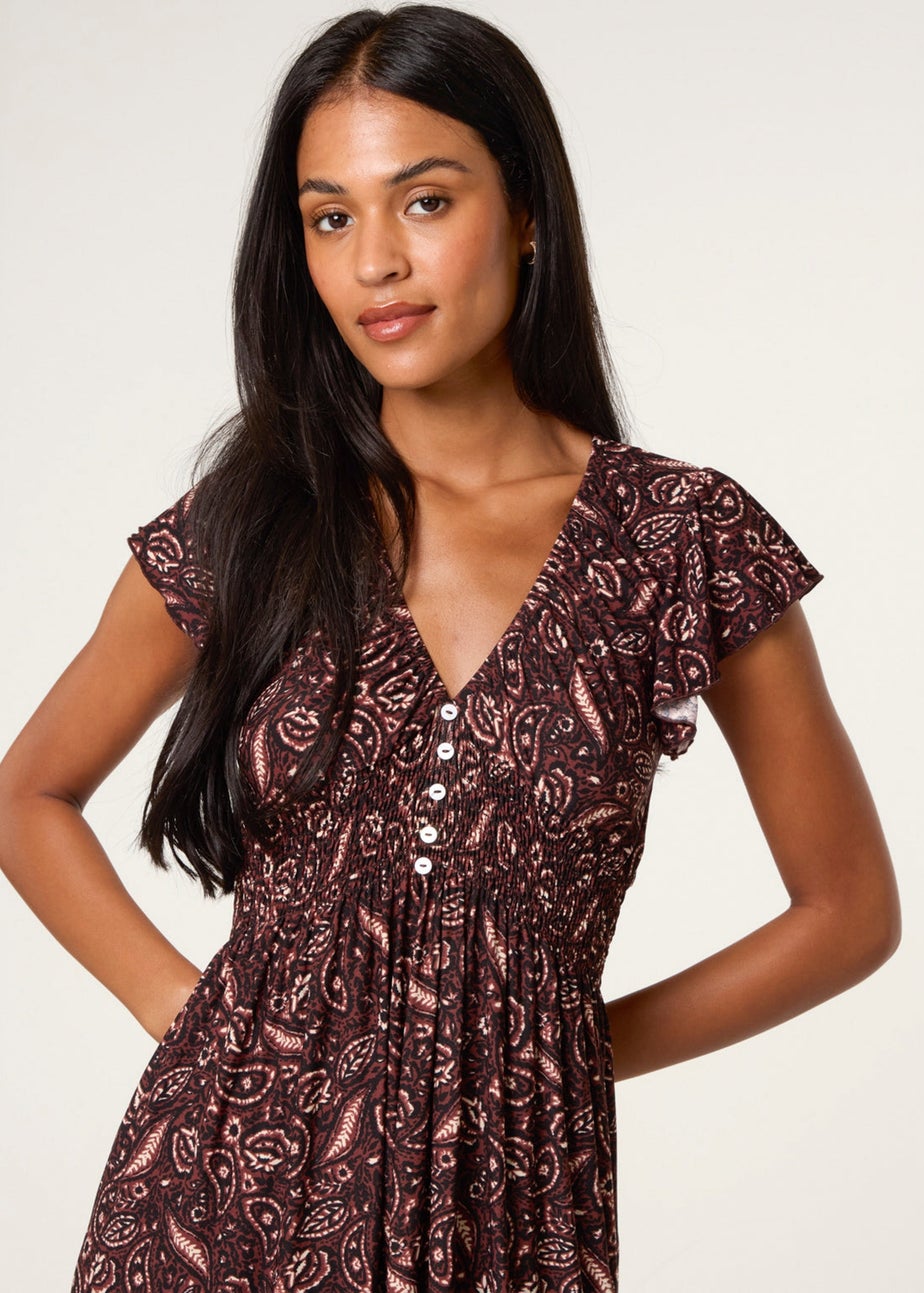 Blue Vanilla Brown V Neck Midi Dress With Button Front