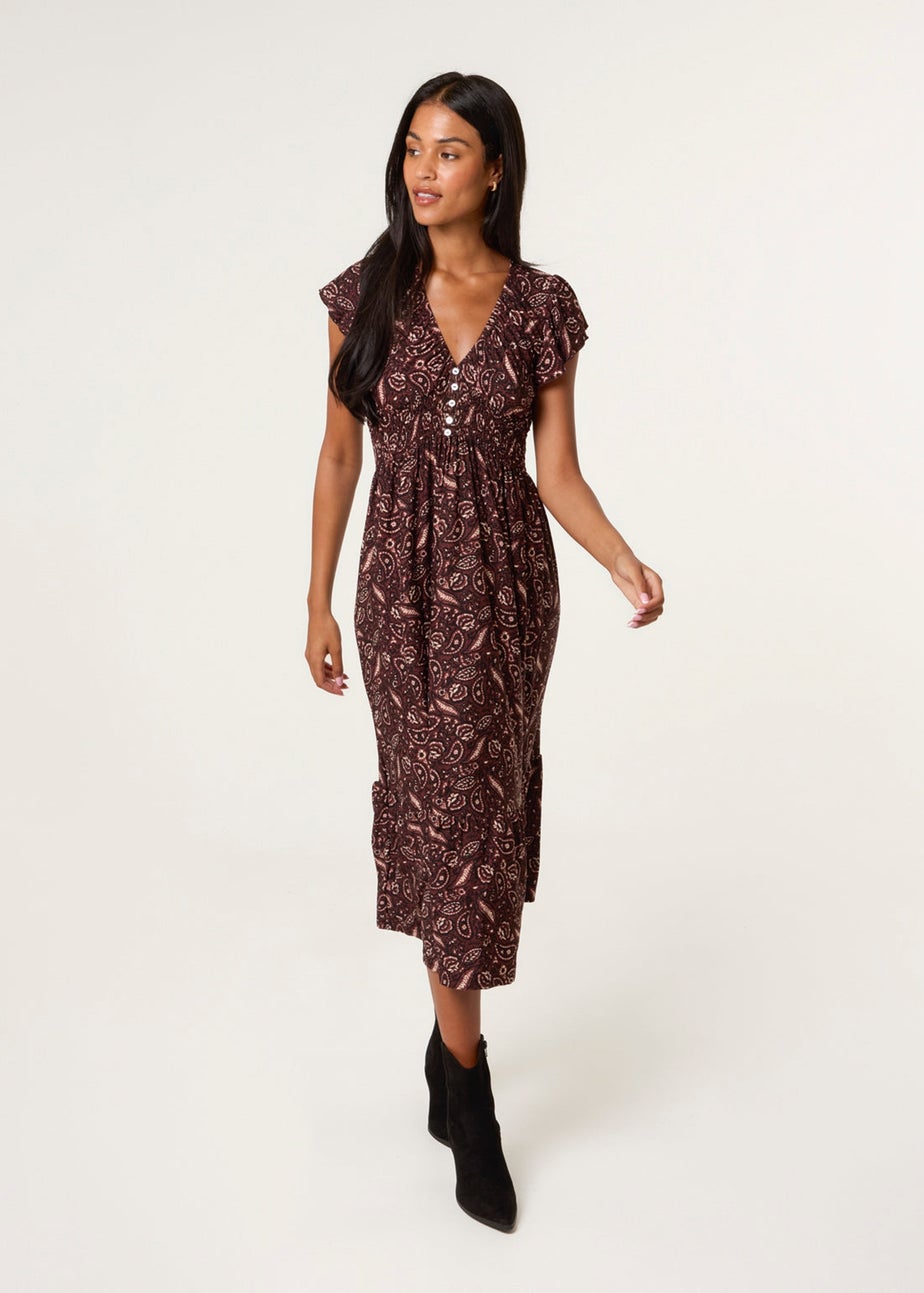 Blue Vanilla Brown V Neck Midi Dress With Button Front