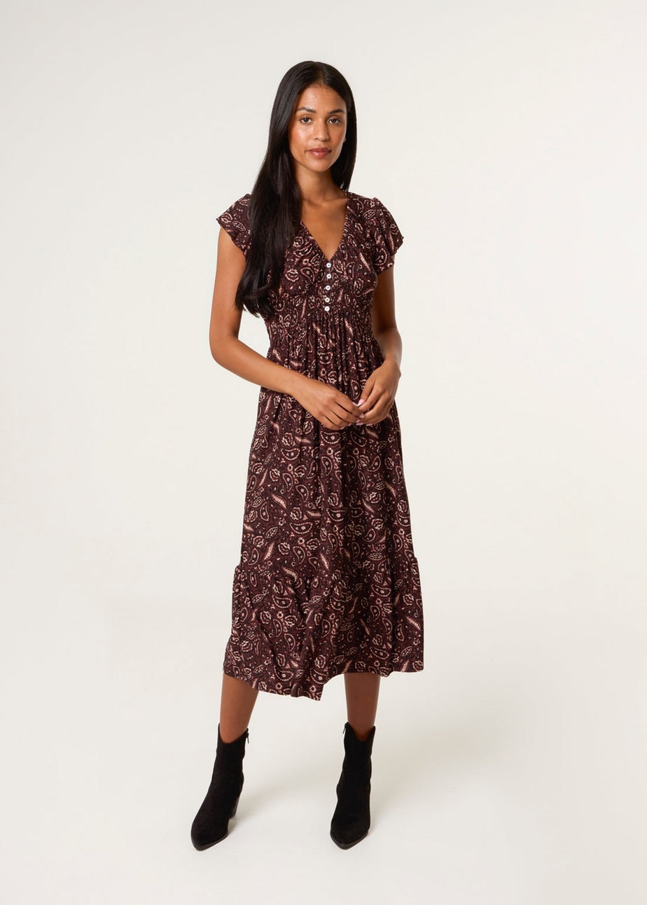 Blue Vanilla Brown V Neck Midi Dress With Button Front