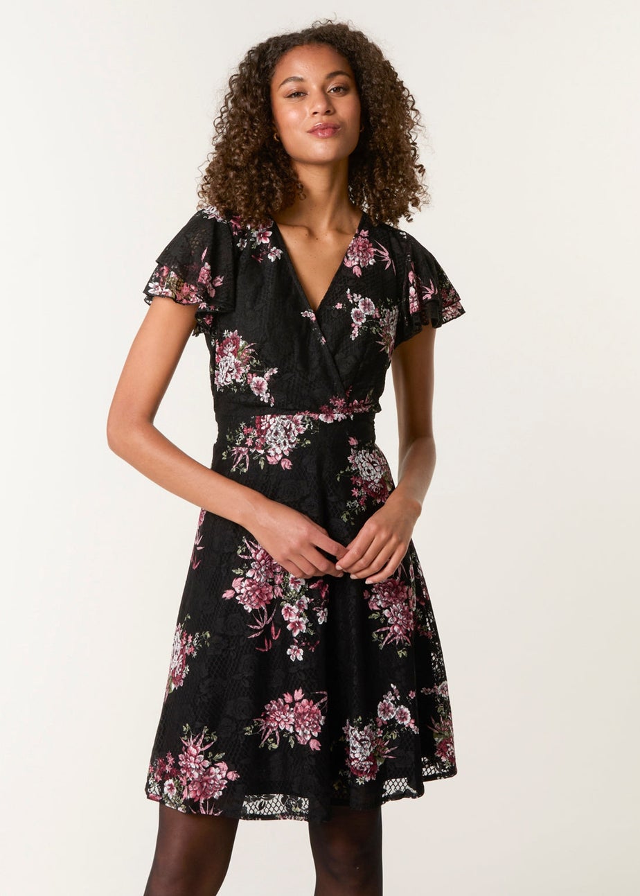 Blue Vanilla Black Floral Lace Mesh Frill Belted Mini