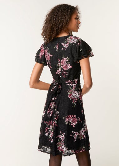 Blue Vanilla Black Floral Lace Mesh Frill Belted Mini