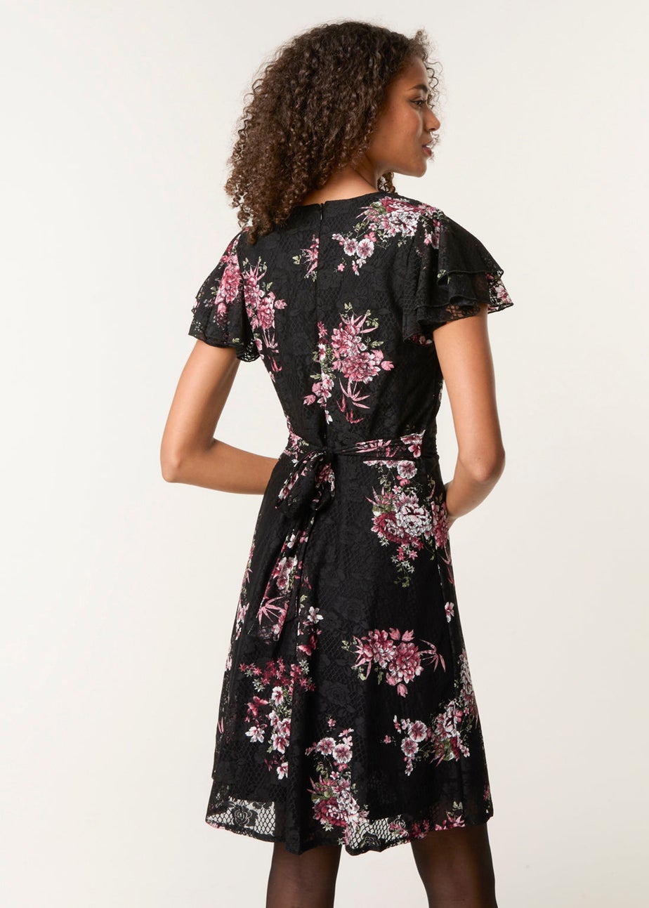 Blue Vanilla Black Floral Lace Mesh Frill Belted Mini