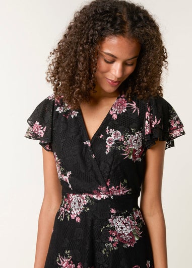 Blue Vanilla Black Floral Lace Mesh Frill Belted Mini