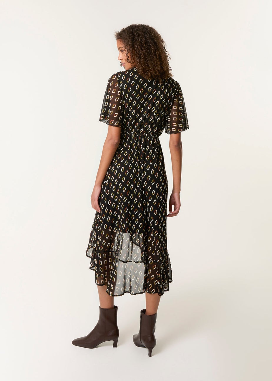 Blue Vanilla Black Geometric Mesh Ruffle Wrap Dress