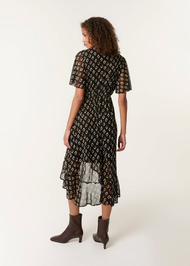 Blue Vanilla Black Geometric Mesh Ruffle Wrap Dress