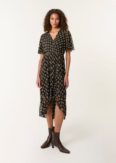 Blue Vanilla Black Geometric Mesh Ruffle Wrap Dress