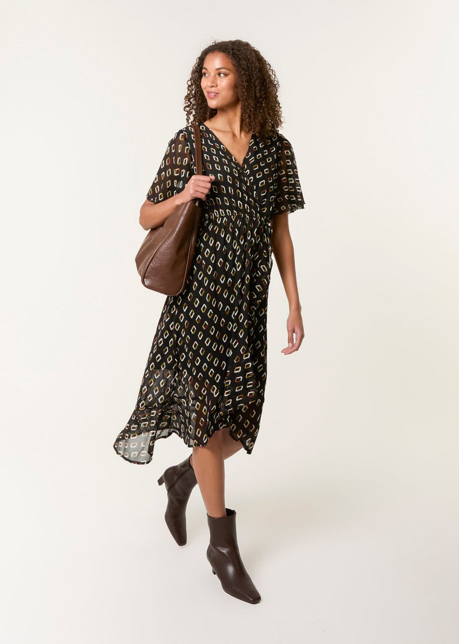 Blue Vanilla Black Geometric Mesh Ruffle Wrap Dress