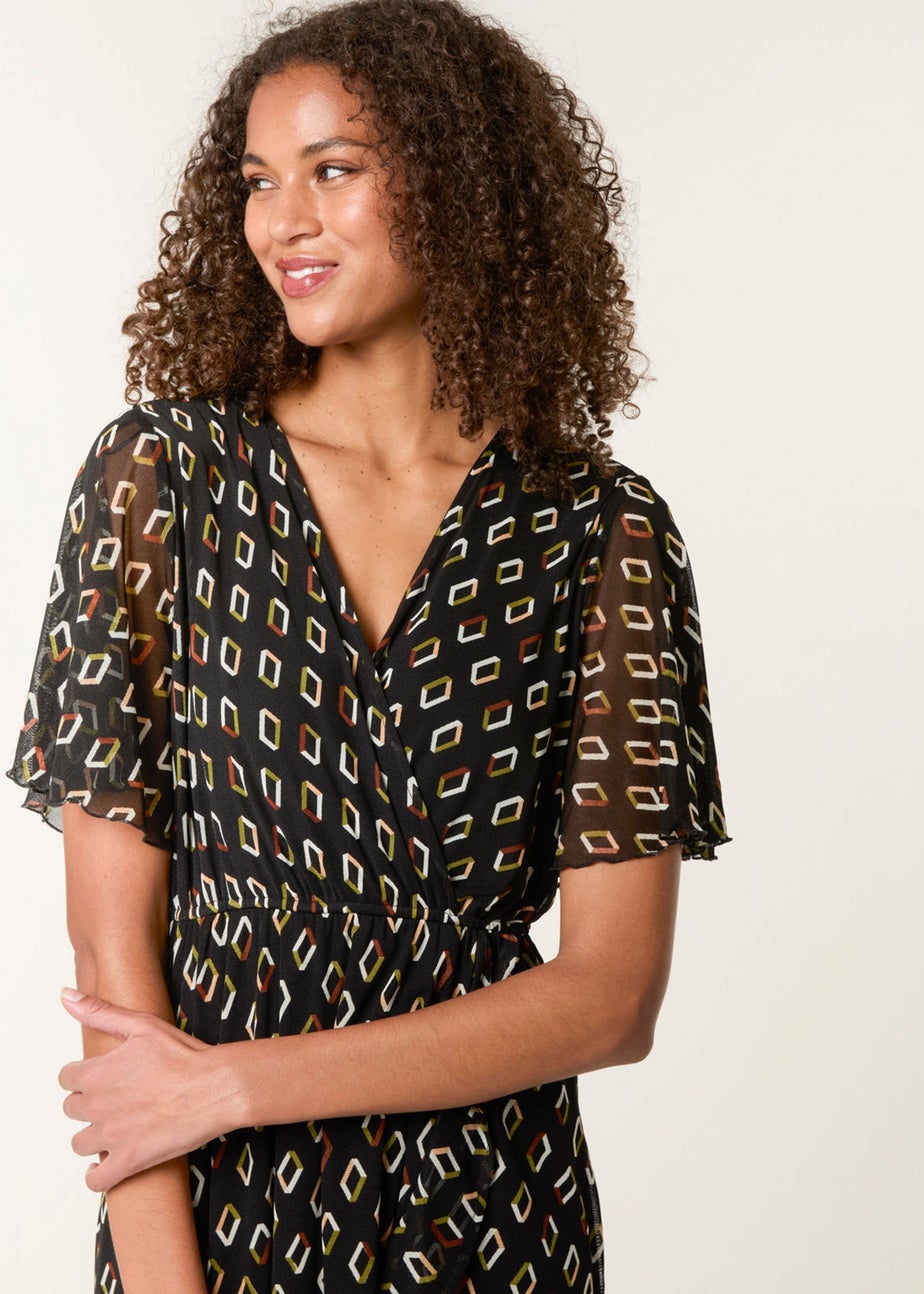 Blue Vanilla Black Geometric Mesh Ruffle Wrap Dress