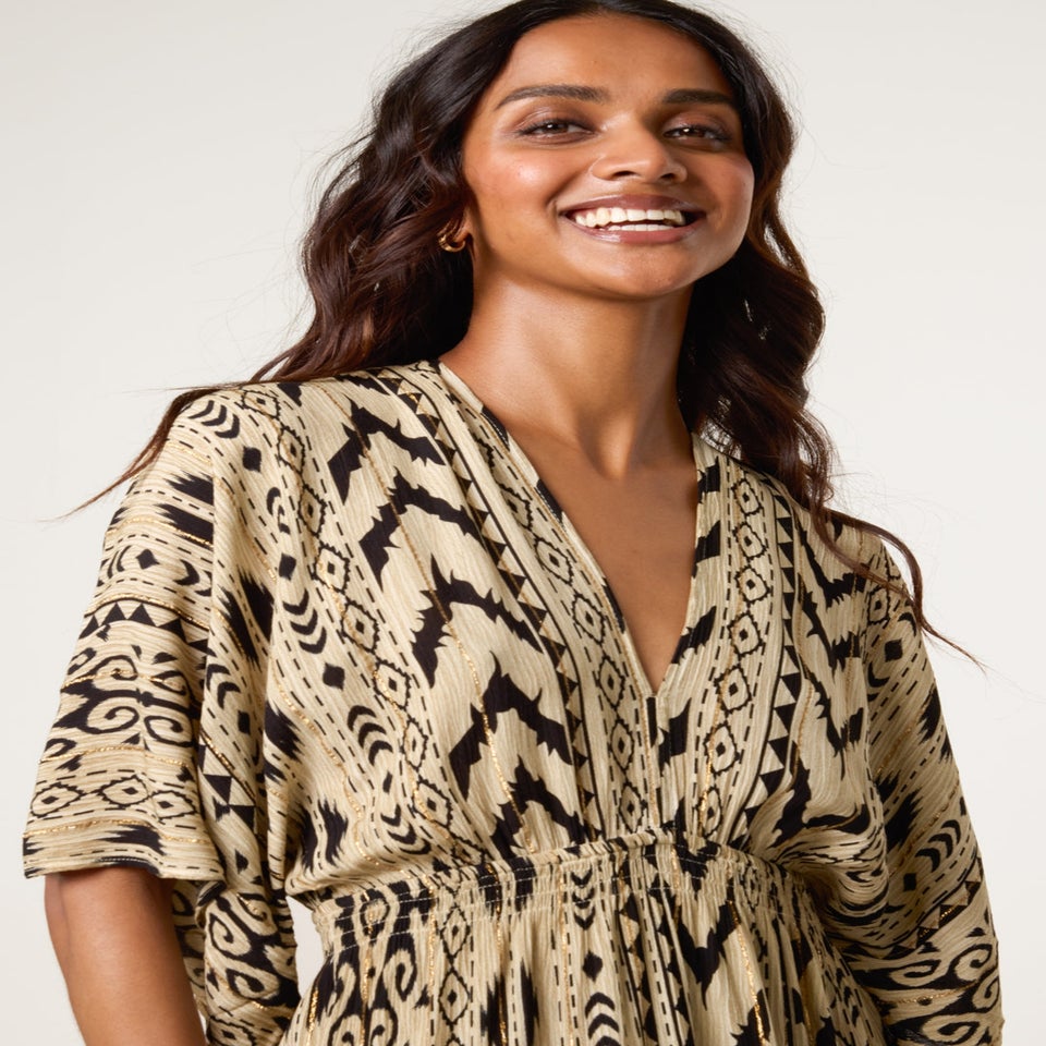 Blue Vanilla Beige Double V Kimono Style Midi Dress