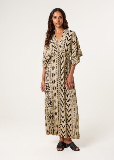 Blue Vanilla Beige Double V Kimono Style Midi Dress