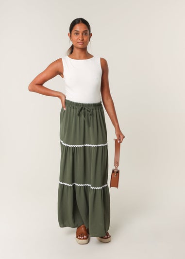 Blue Vanilla Khaki Tape Zig Zag Tiered Maxi Skirt
