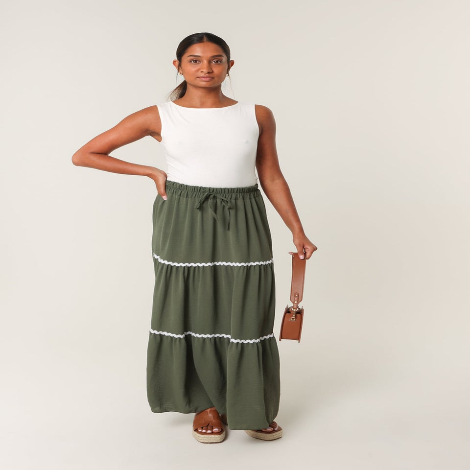 Blue Vanilla Khaki Tape Zig Zag Tiered Maxi Skirt