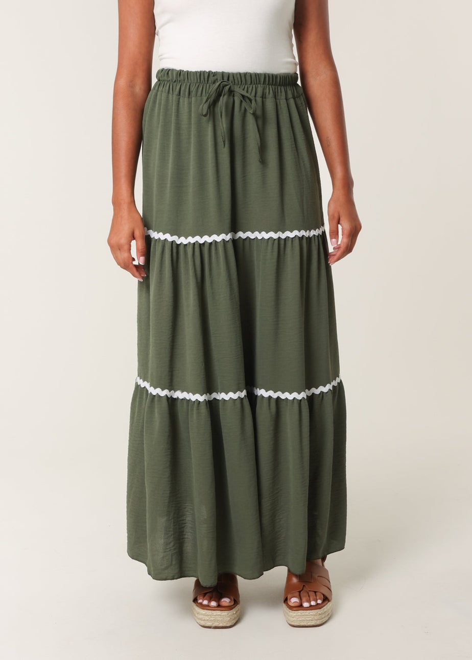 Blue Vanilla Khaki Tape Zig Zag Tiered Maxi Skirt