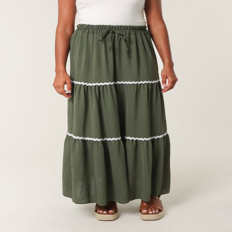 Blue Vanilla Khaki Tape Zig Zag Tiered Maxi Skirt