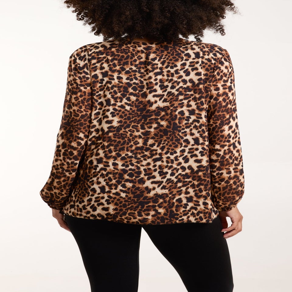 Blue Vanilla Brown Leopard Print Pleated Top