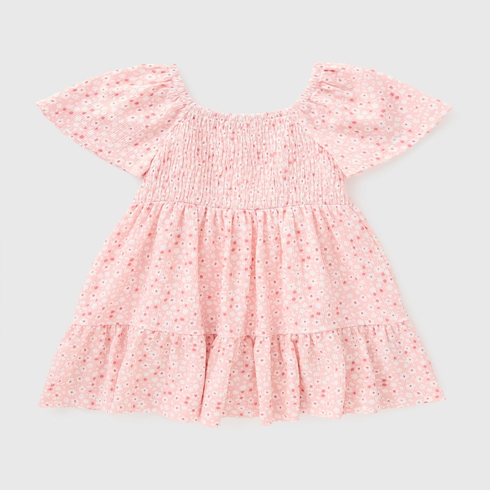 Girls Pink Floral Crinkle Dress (1-7yrs)