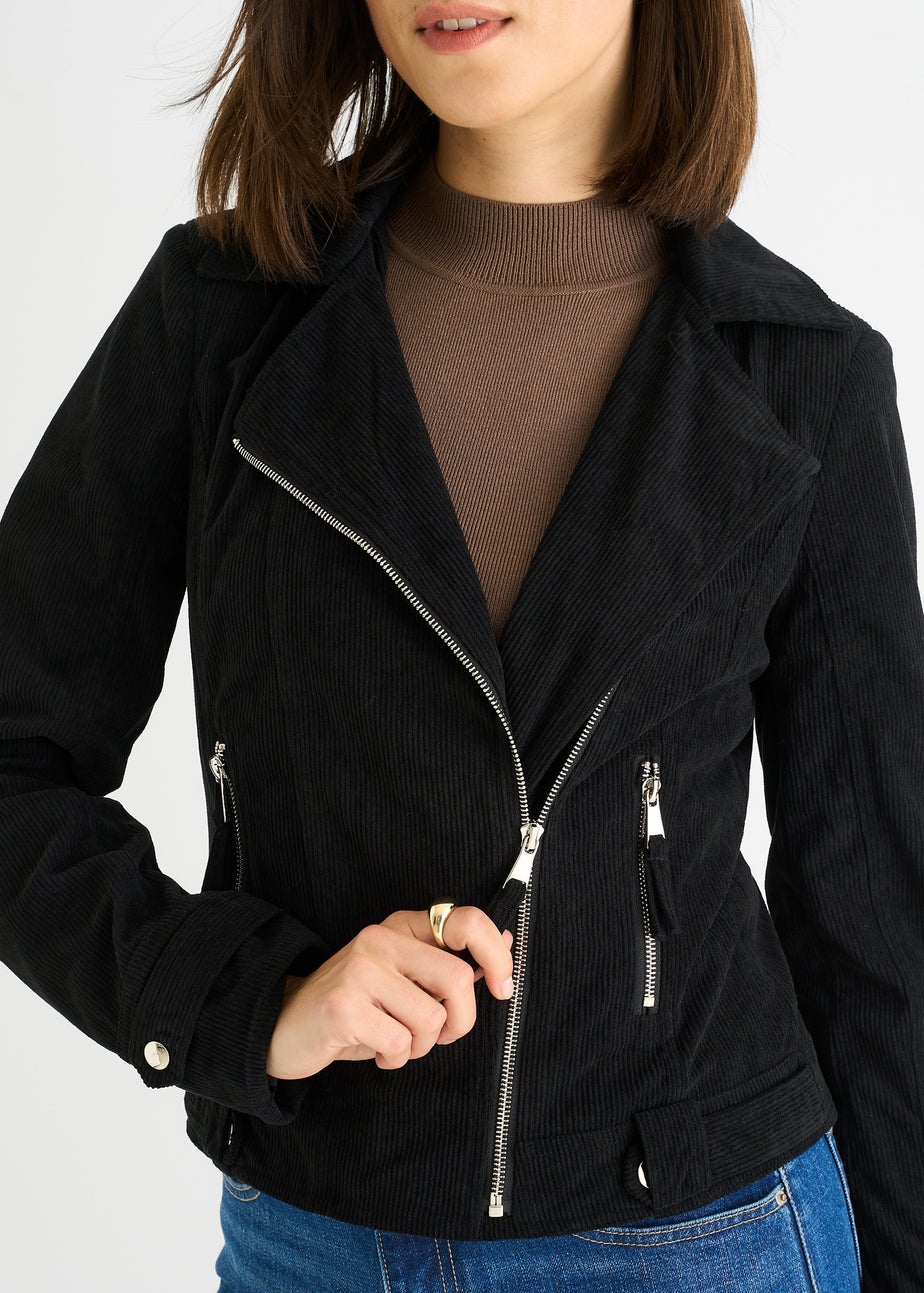 Gini London Black Corduroy Biker Zip Up Jacket