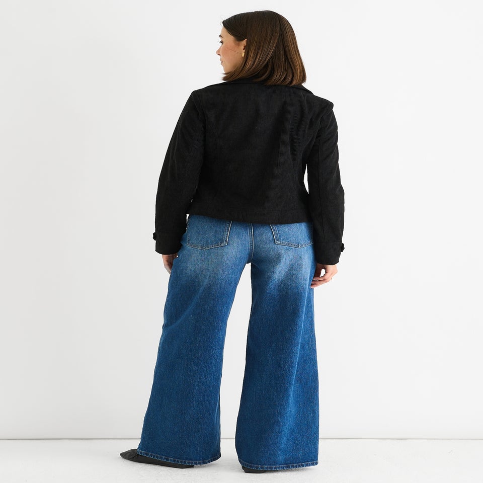 Gini London Black Corduroy Biker Zip Up Jacket