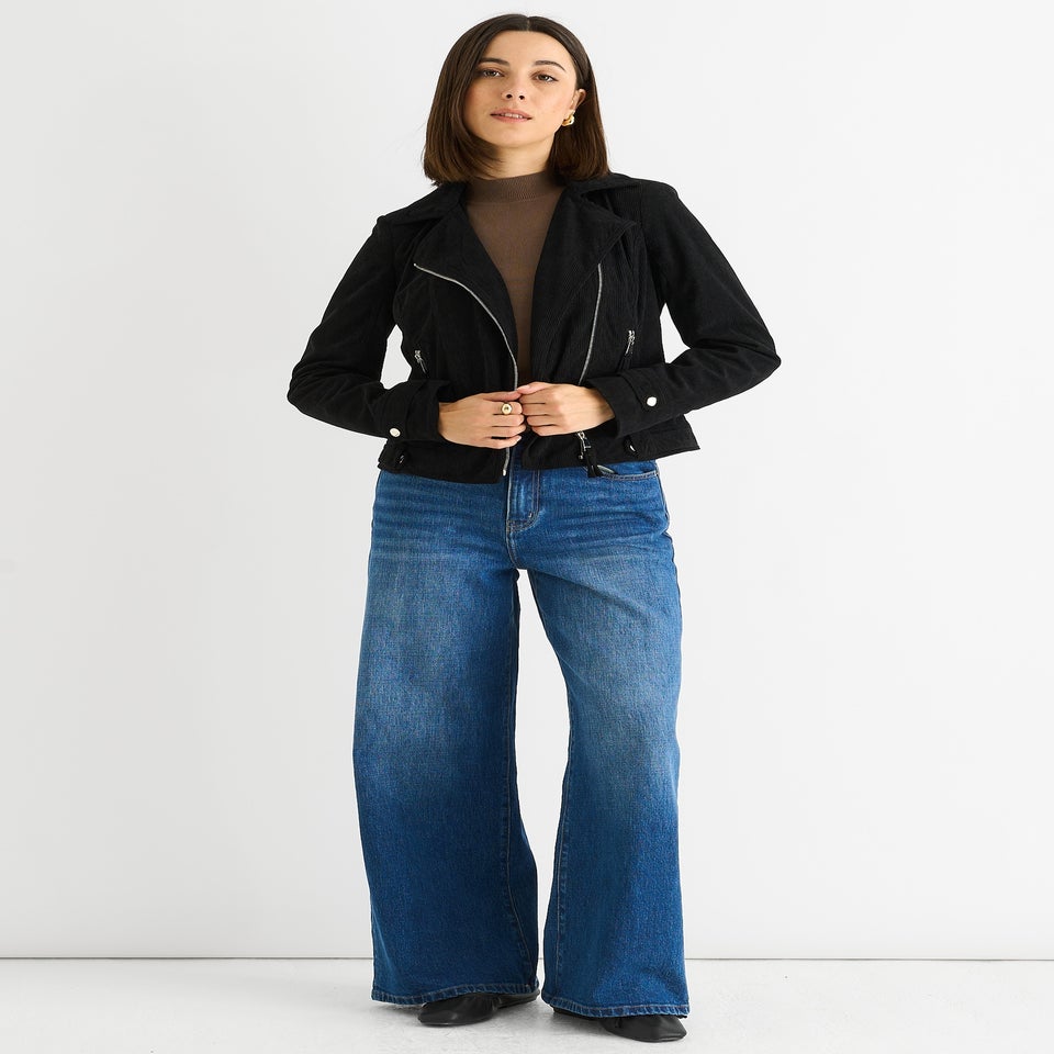 Gini London Black Corduroy Biker Zip Up Jacket