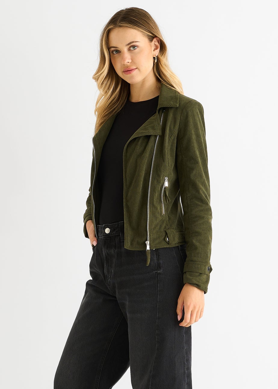 Gini London Khaki Corduroy Biker Zip Up Jacket