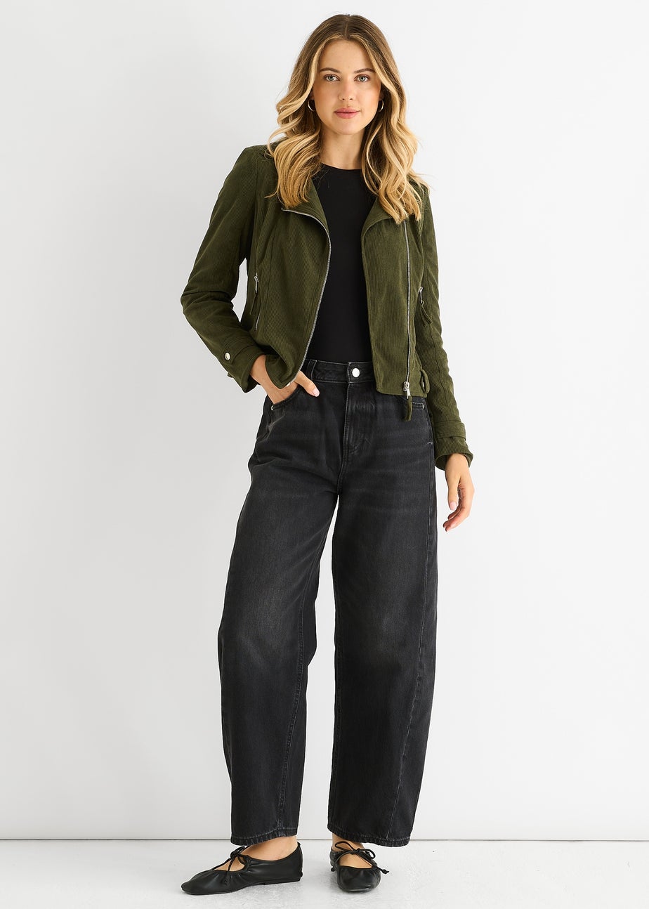 Gini London Khaki Corduroy Biker Zip Up Jacket