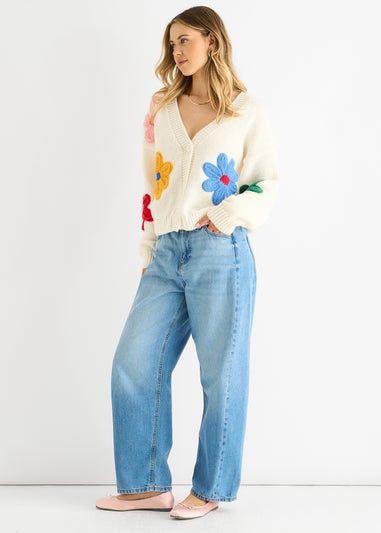 Gini London Cream Floral Knit Long Sleeves Cardigan