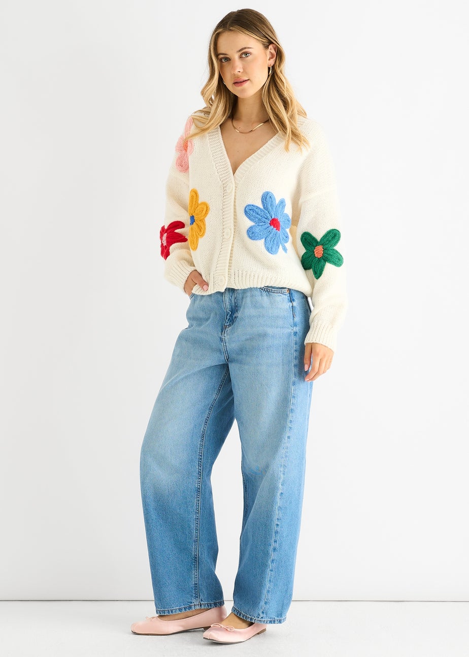 Gini London Cream Floral Knit Long Sleeves Cardigan