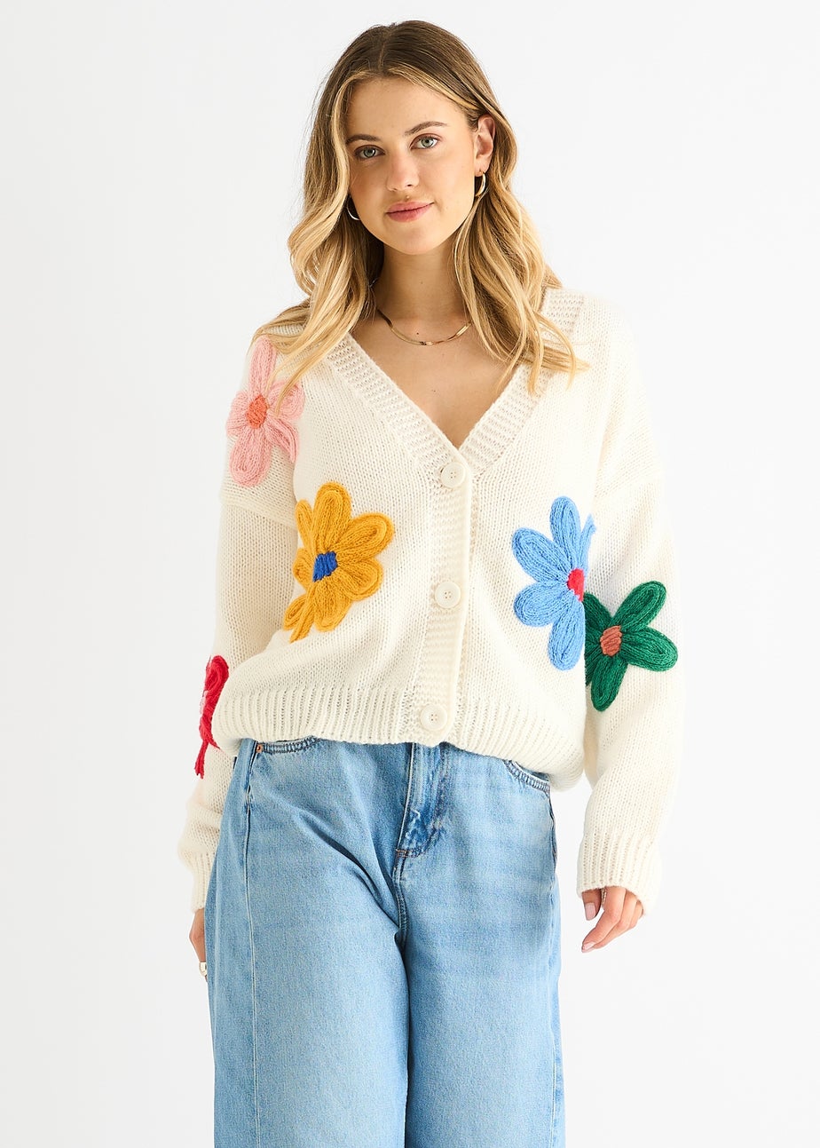 Gini London Cream Floral Knit Long Sleeves Cardigan