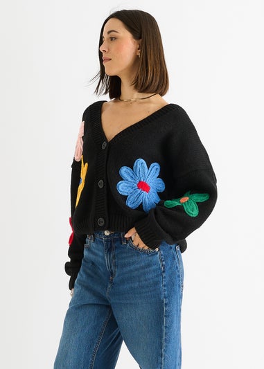 Gini London Black Floral Knit Long Sleeves Cardigan