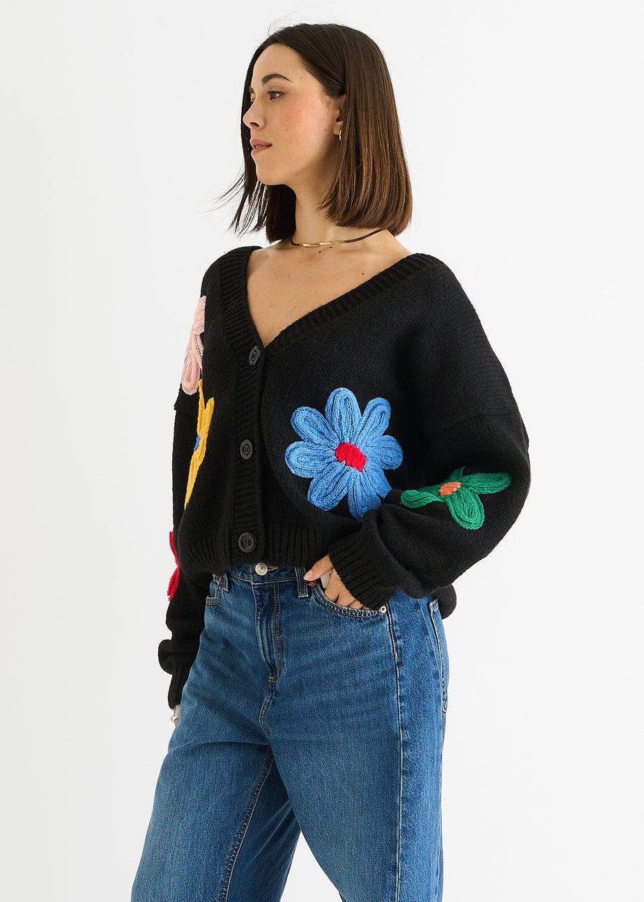 Gini London Black Floral Knit Long Sleeves Cardigan