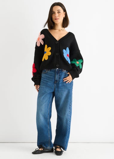 Gini London Black Floral Knit Long Sleeves Cardigan