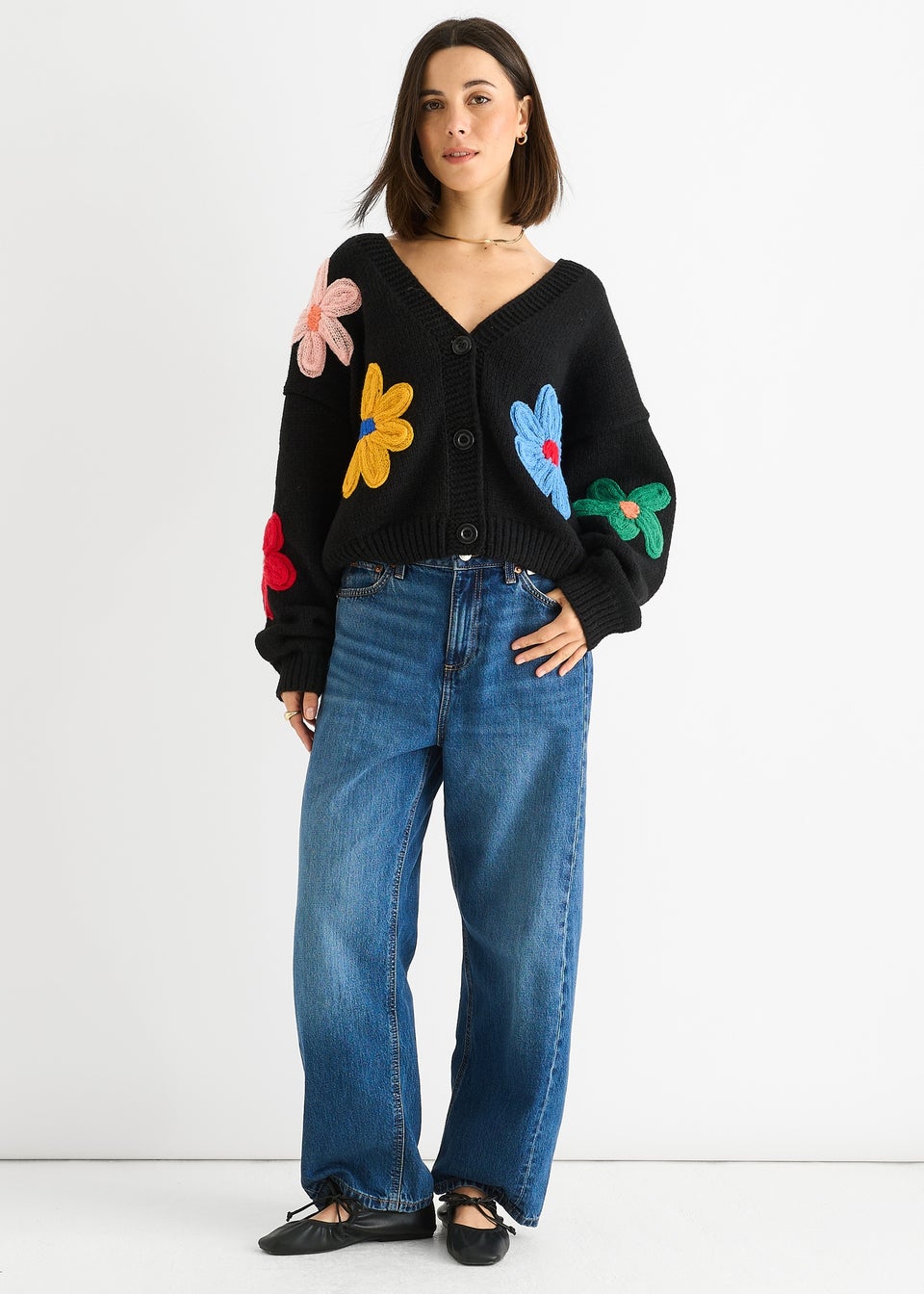 Gini London Black Floral Knit Long Sleeves Cardigan