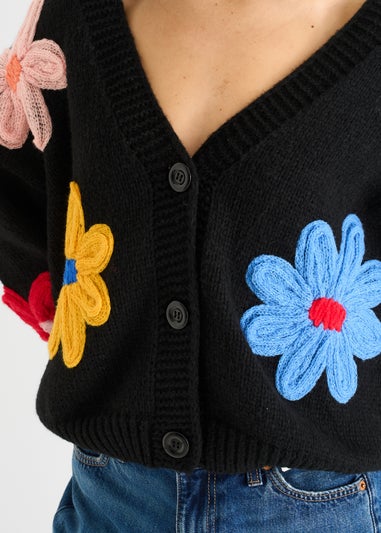 Gini London Black Floral Knit Long Sleeves Cardigan