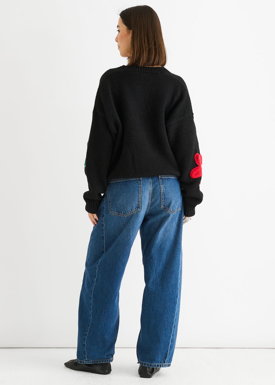 Gini London Black Floral Knit Long Sleeves Cardigan