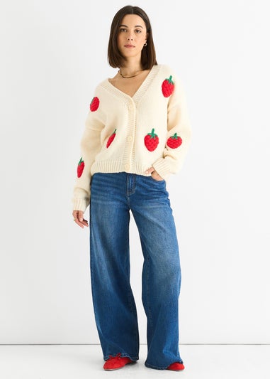 Gini London Cream Contrast Strawberry Knitted Short Cardigan
