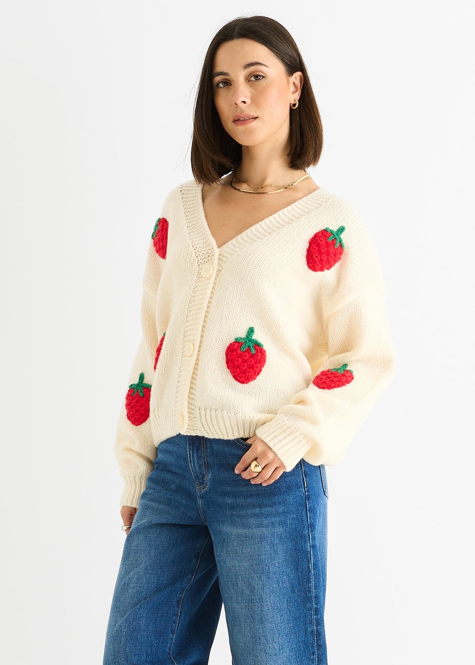 Gini London Cream Contrast Strawberry Knitted Short Cardigan