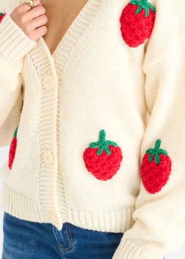 Gini London Cream Contrast Strawberry Knitted Short Cardigan