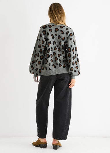 Gini London Grey Animal Print Knit Short Cardigan