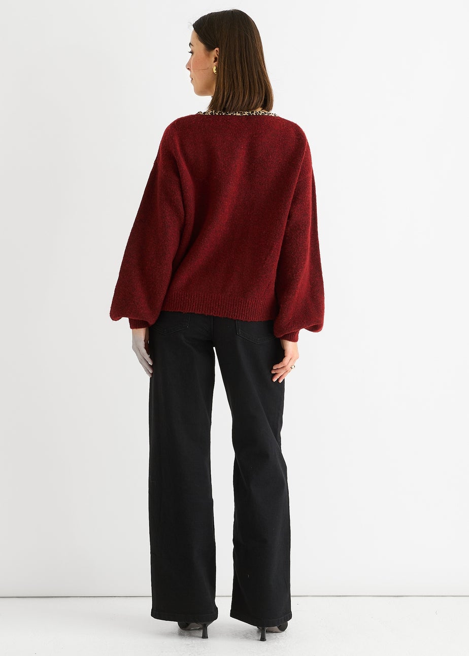 Gini London Burgundy Contrast Animal Tie Oversized Knit Cardigan