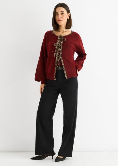 Gini London Burgundy Contrast Animal Tie Oversized Knit Cardigan