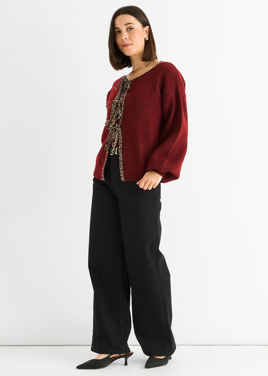 Gini London Burgundy Contrast Animal Tie Oversized Knit Cardigan