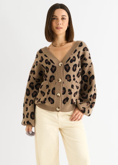 Gini London Camel Animal Print Knit Short Cardigan