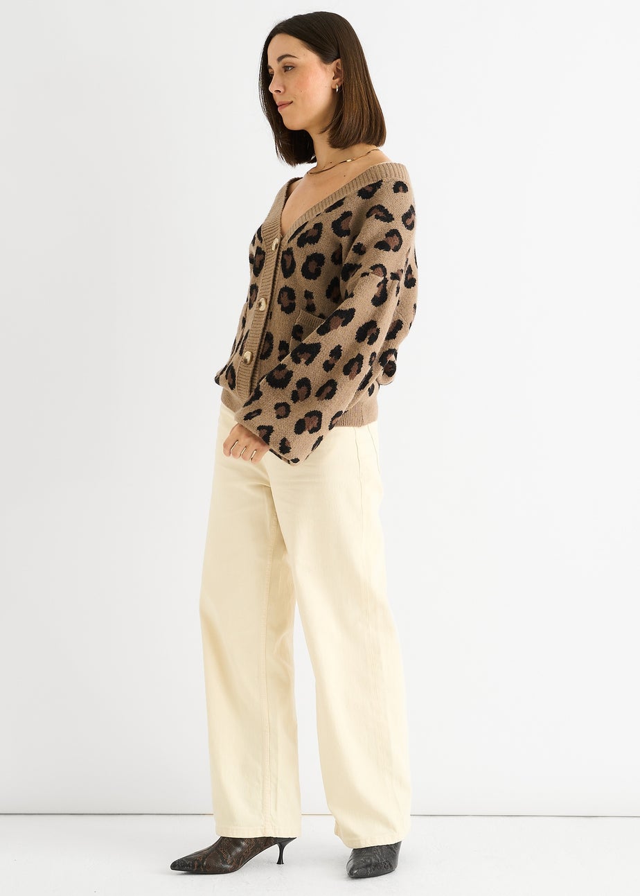 Gini London Camel Animal Print Knit Short Cardigan