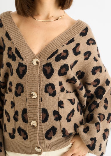 Gini London Camel Animal Print Knit Short Cardigan