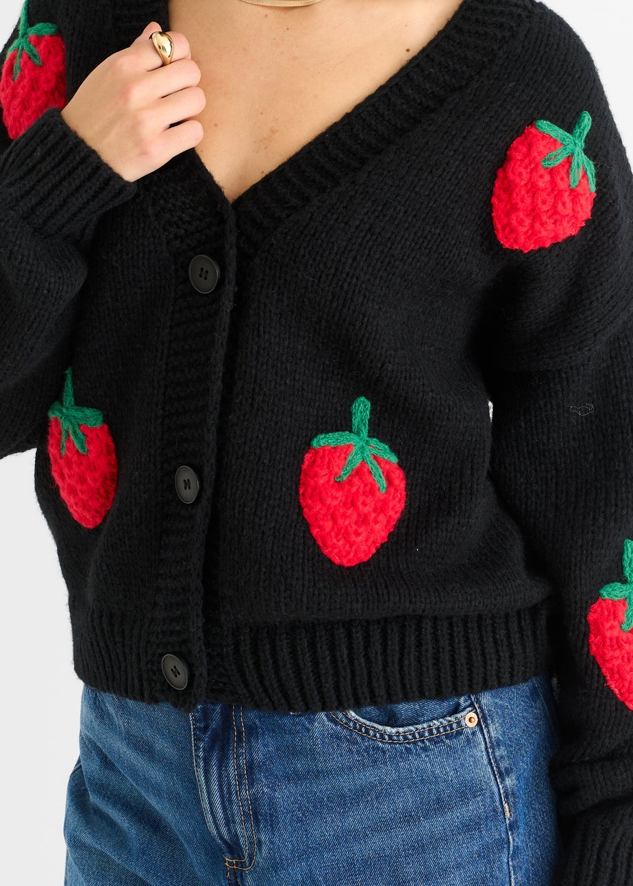 Gini London Black Contrast Strawberry Knitted Short Cardigan
