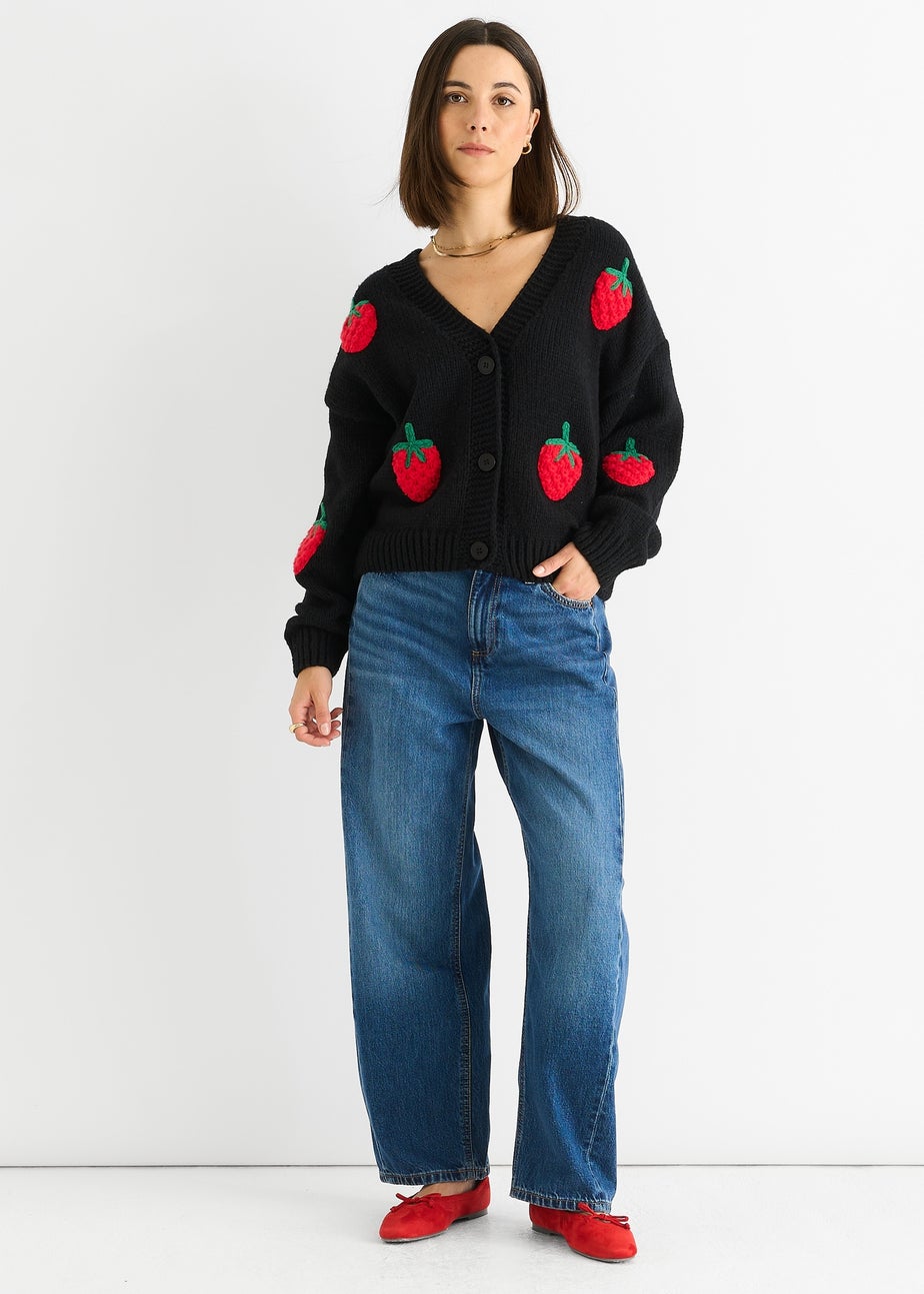 Gini London Black Contrast Strawberry Knitted Short Cardigan