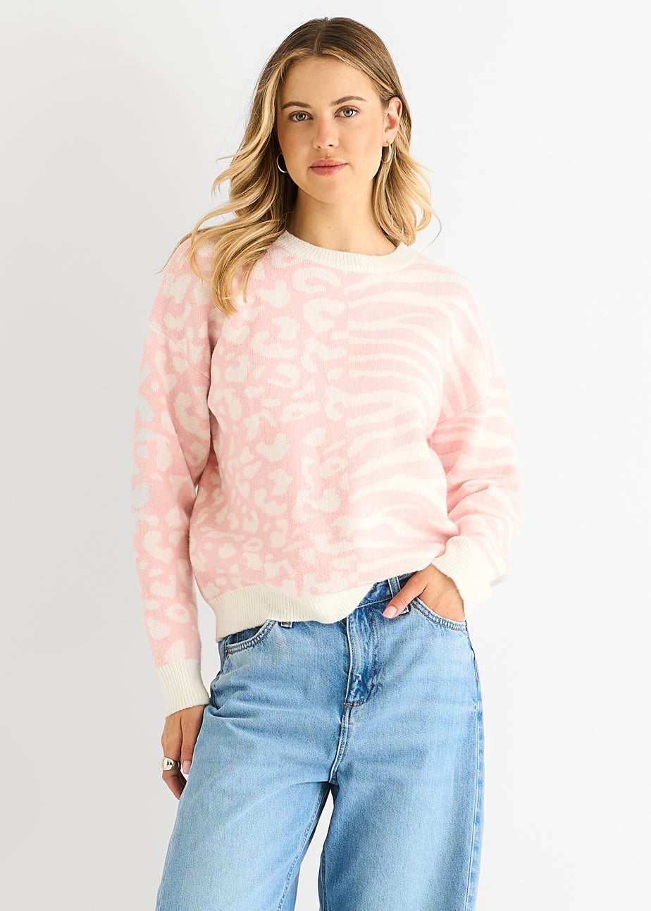 Gini London Pink Contrast Zebra Animal Knit Jumper