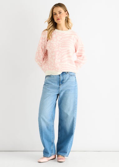 Gini London Pink Contrast Zebra Animal Knit Jumper
