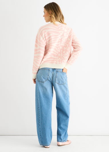 Gini London Pink Contrast Zebra Animal Knit Jumper